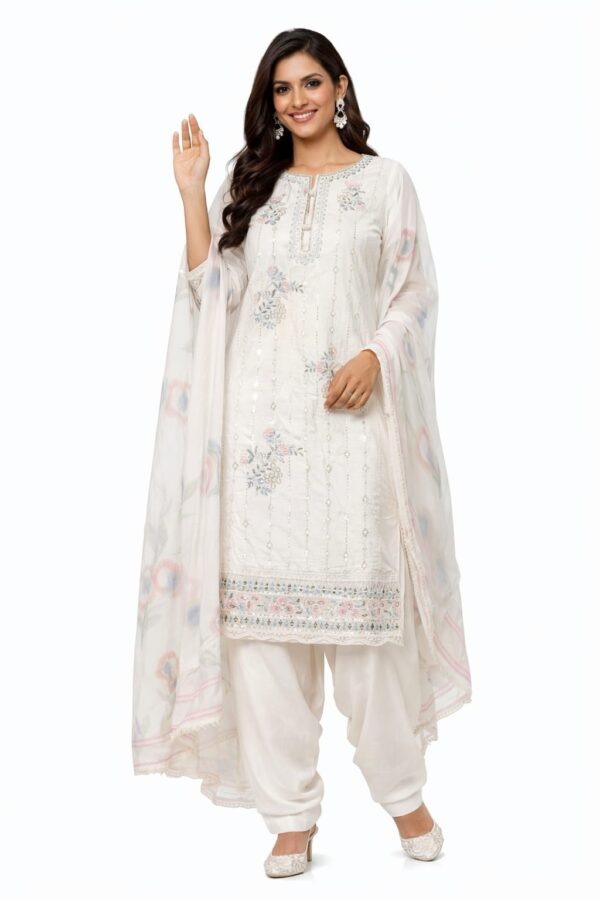 Ivory White Floral Embroidered Kurta Set with Dupatta