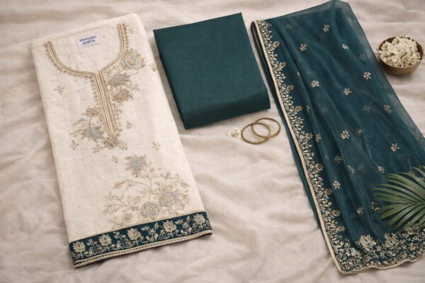 “Ivory Embroidered Kurta Set with Teal Dupatta